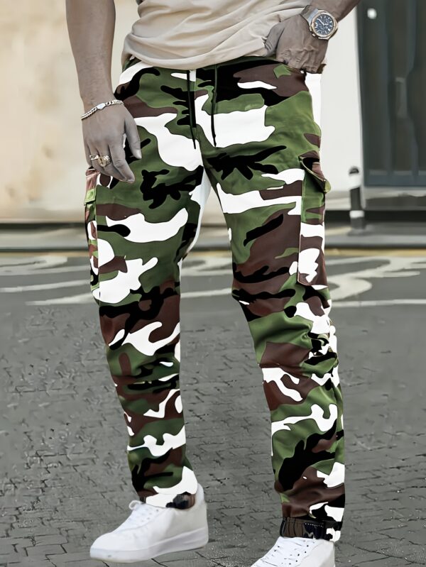 Men'S Camouflage Cargo Pants - Military Green/White/Khaki/Charcoal Grey, Multi-Pocket Ankle Cuff Design, Non-Stretch Fabric for Hiking, Hunting & Casual Wear - Machine Washable, Mid-Rise Drawstring Waist, Hiking Pants, Hunting Attire, Functional Pocket Design