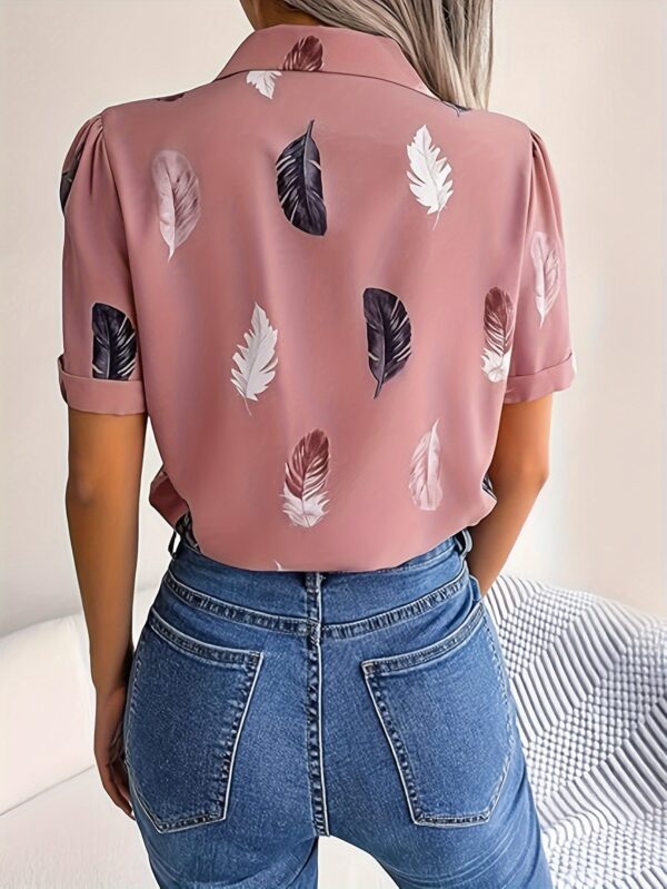 Women'S Vintage Print Short Sleeve Shirt, Polyester 100%, Regular Fit, Single Breasted, Turn- Lapel Collar, Woven Fabric, 120g/m², for Spring/Summer/Fall Outings - No Padding - Image 4