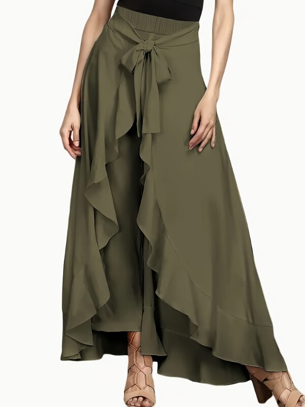 Women's Plus Size Olive Green Wide-Leg Pants with Front Tie Waist - High Rise, Flowy Vacation Style, Machine Washable, All-Season Comfort, Special Event Attire | Wideleg Design | Elegant Appearance - Image 17