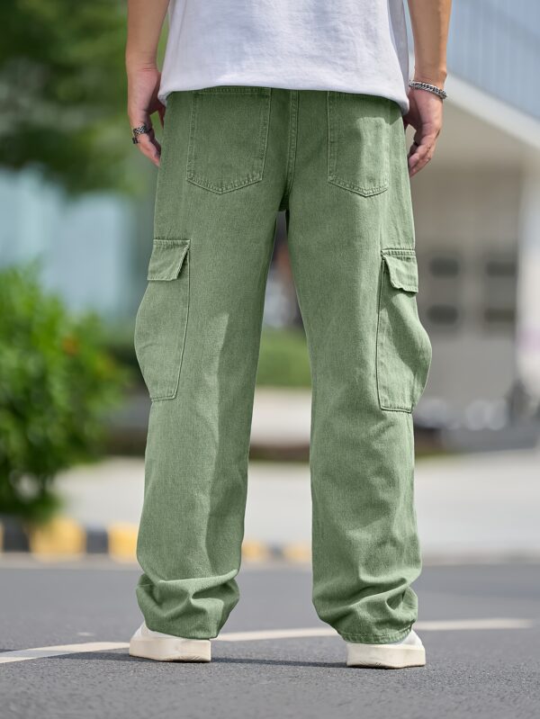 1pc Men'S Casual Cargo Denim Pants, Solid Color, Loose Fit, Non-Stretch, All-Season, Regular Length, Washed Detail, Woven Fabric - Multi-Pocket Design - Image 9