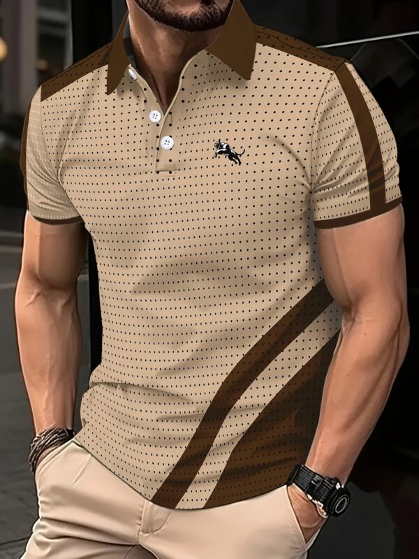 Men's Summer Short Sleeve Shirt - 100% Polyester Breathable Stretch Fabric, Brown & White Contrast Print, Classic Collar Button-Up Casual Shirt for Office & Social Outings