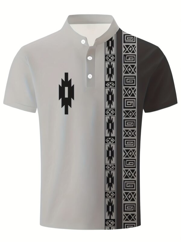 Men's Summer Casual Shirt - Ethnic Geometric Contrast Color Block Design, Asymmetrical Print, Stand-Up Collar & Button Detail, Breathable Short Sleeve for Business Casual & Casual Attire, Durable Fabric Tee, Machine Washable Top - Image 7