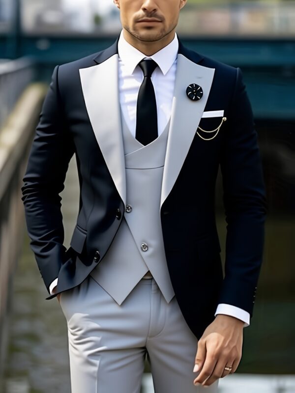 3pcs Men'S Polyester Suit Set, Shawl Collar, Non-Stretch Solid Color Work Style, Long Sleeve, Regular Fit with Vest and Pocket Details, Suitable for Spring, Summer, and Autumn