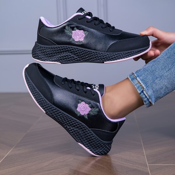 Women'S Black Sneakers with Pink Rose Embroidery - Lightweight, Soft Sole, Comfortable Lace-Up Low Top Sneakers, All-Season Outdoor Shoes, Stabilizing Support, Microfiber Leather Upper, EVA Sole, Fabric Lining, Allseason Sneakers | Rose Embroidery Sneakers | Comfortable Footwear - Image 3
