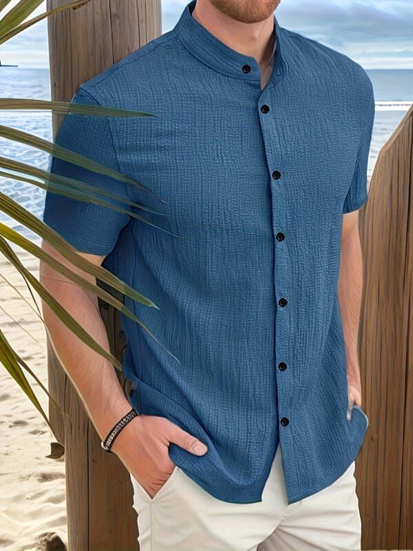 Men's Casual Button-Up Shirt - Lightweight Red Non-Transparent Fabric, Machine Washable Stand Collar Shirt for Office, Formal Events & Casual Attire - Breathable Summer Business Casual Clothing, Geometric Pattern Fabric, Woven Texture, Office Attire, Durable Material, Professional Attire - Image 5