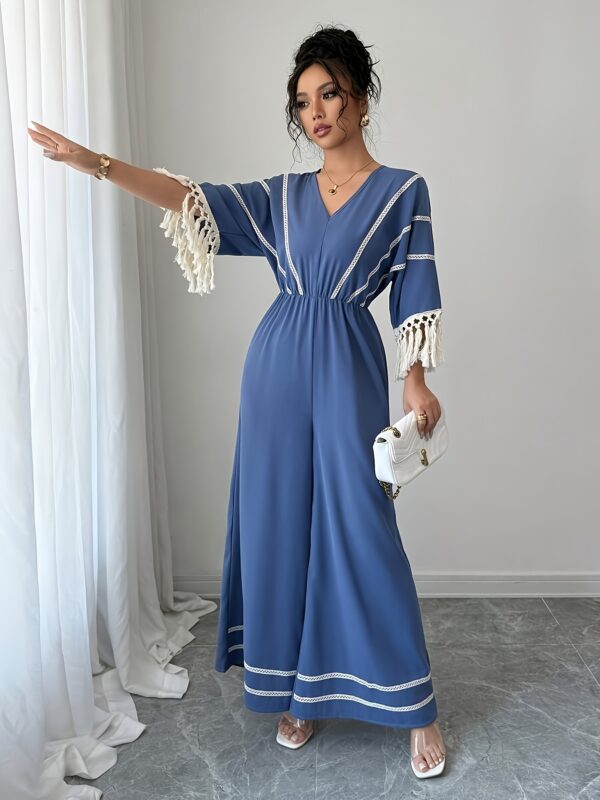 Women'S Elegant V-Neck Jumpsuit with Tassel Sleeves and Ruched Waist - Light Blue Summer Romper for Vacation or Casual Outings, Casual Summer Wear | Ruched Waist Design | Texture - Image 7