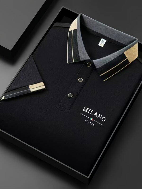 Men'S Lightweight Soft Polo Shirt with "MILANO ITALIA" Letter Print - Breathable Summer Casual & Business Wear, Regular Fit, Button-Up Collar, Perfect for Vacation & Everyday Use, Vacation Clothing, Stylish Contrast Design, Soft Fabric Shirt - Image 2