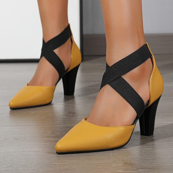 1 Pair Elegant Solid Color D'Orsay High Heels for Women - Pointed Toe, Block Heel, All-Season, Fashionable Hollow Strap, Contrast Color, Non-Slip Rubber Sole, PU Upper/Inner/Insole - Versatile for Evening Dresses and Parties - Image 4