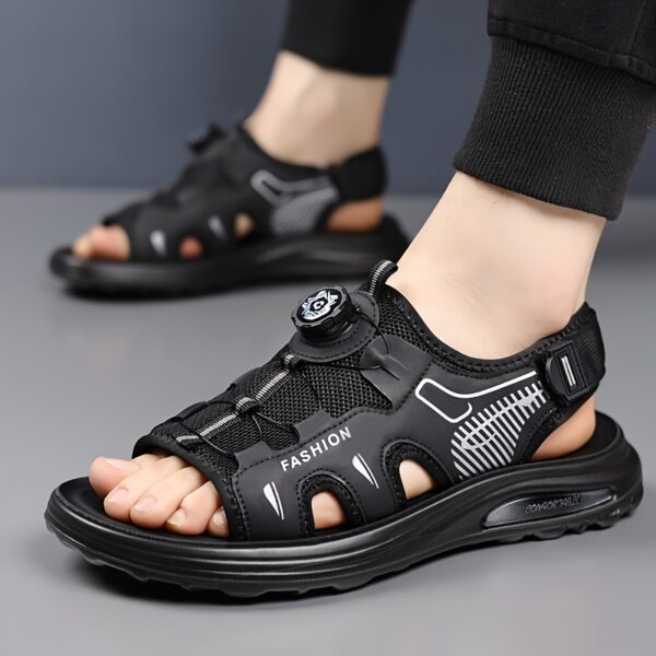 Men'S Summer Sports Sandals - Casual Beach Shoes with Soft Rubber Sole, Breathable Mesh Upper, Adjustable Buckle Strap, Black & Tan Design for Outdoor Activities, Water Sandal - Image 2