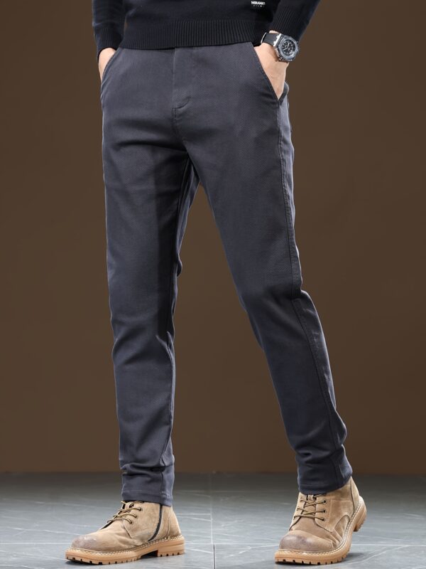 Men's Slim Fit Straight-Leg Casual Pants - Cotton Blend, Mid-Rise with Zipper Detail, Machine Washable - Classic Solid Brown for Business & Leisure - Image 5