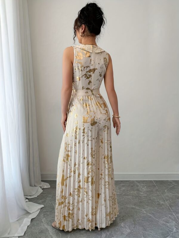 Elegant Sleeveless Geometric Print Jumpsuit with Waist Tie - Long, Button-Up Dress for Women, Perfect for All Seasons, Stylish Adult Fashion, Elegant Attire | Geometric Print Jumpsuit | Waist Tie Detail - Image 2