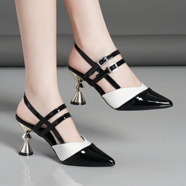 Women'S Black & White Block Heel Pumps - Pointed Toe, Synthetic Cover, Rubber Sole, High Heel Dress Shoes for Summer, Elegant Office & Formal Wear, High Heel Shoe - Image 4