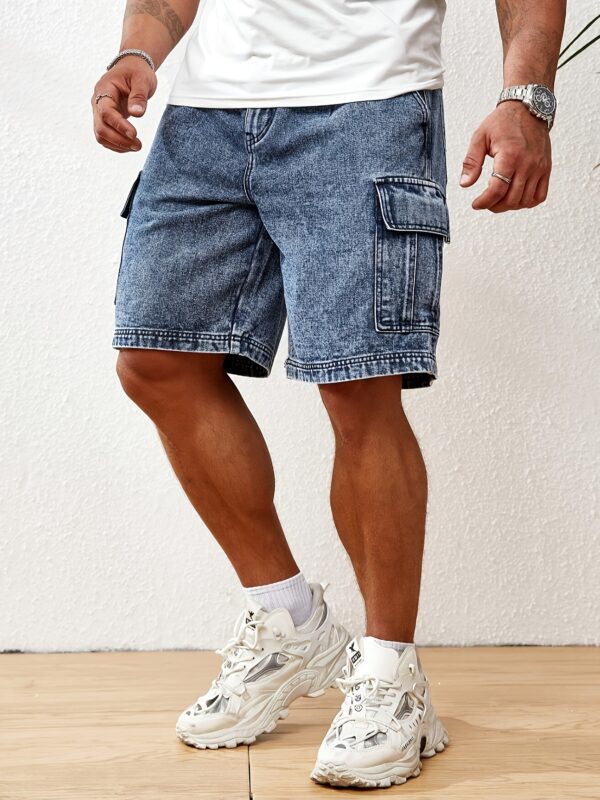 Men's Casual Mid-Length Denim Shorts - Relaxed Fit Washed Blue Jeans for Summer, Non-Stretch Breathable Fabric, Versatile for Casual & Semi-Formal Wear, Jeans Shorts - Image 4