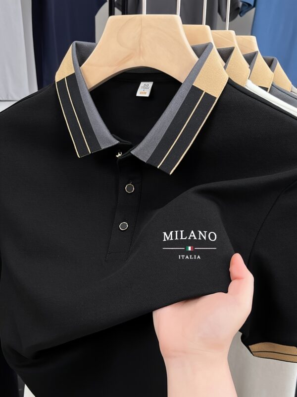 Men'S Lightweight Soft Polo Shirt with "MILANO ITALIA" Letter Print - Breathable Summer Casual & Business Wear, Regular Fit, Button-Up Collar, Perfect for Vacation & Everyday Use, Vacation Clothing, Stylish Contrast Design, Soft Fabric Shirt - Image 6