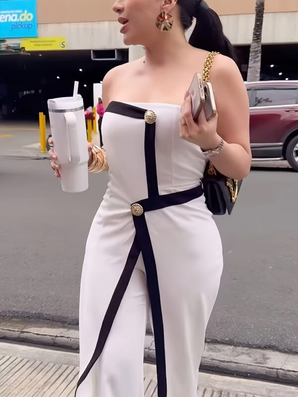 Women'S Chic Black and White Strapless Wide-Leg Jumpsuit - Polyester, White & Black Color Block Design, Perfect for Summer Shopping, Leisure, and Vacation Wear | Sleeveless Fashionable Jumpsuit | Construction | Comfortable Fit