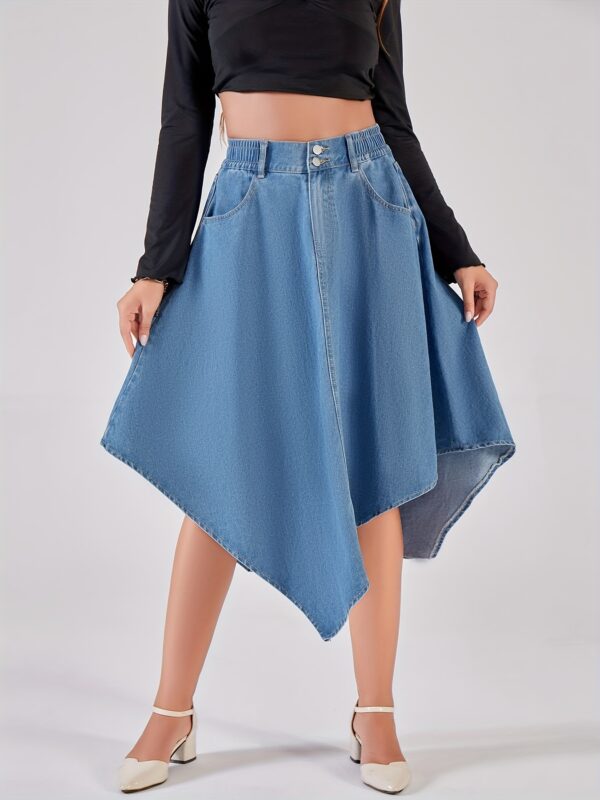 Women's Casual Denim Skirt - Asymmetrical Flared Mid-Length Blue Jeans Skirt, Breathable Lightweight Non-Stretch Fabric, Machine Washable for Spring Summer Fall, Seasonal Fashion, Comfortable Wear