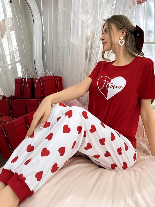 Women'S Valentine'S Day Elegant Heart Print Pajama Set, Short Sleeve Crew Neck Top and Long Heart Pattern Pants, Polyester Knit Fabric, 145gsm, Spring/Summer/Fall Casual Sleepwear - Image 29