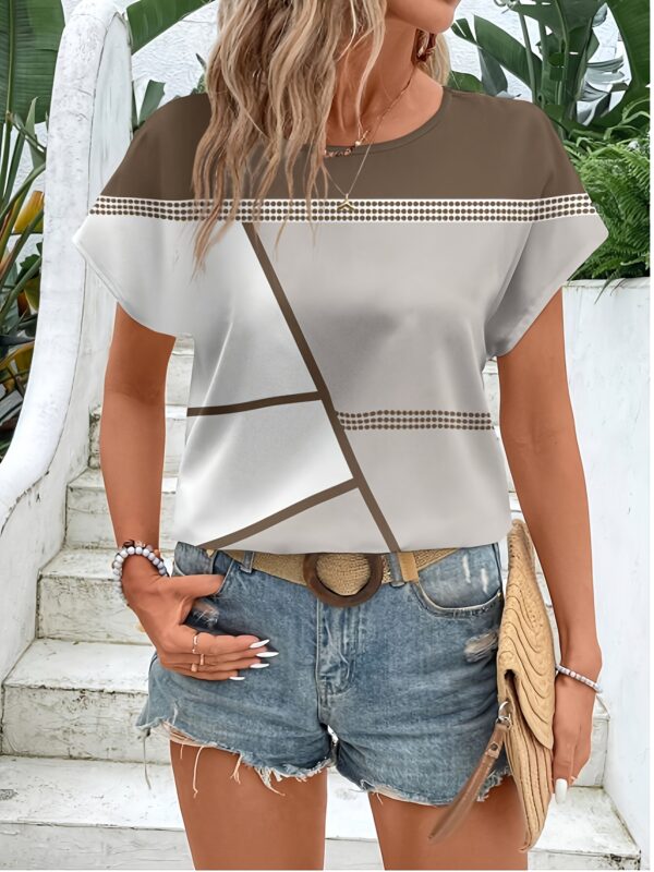 Women'S Casual Geometric Pattern Blouse - Short Sleeve, Round Neck, White with Brown & Black Design, Perfect for Spring/Summer/Fall, Summer Fashion Top | Geometric Blouse | Stylish Blouse - Image 3