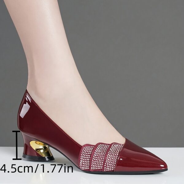 Women's Burgundy Pointed-Toe Block Heel Pumps - Comfortable Mid-Heel Dress Shoes with Decorative Bow Detail, Glossy Synthetic Cover & Non-Slip Rubber Sole for Autumn Office & Formal Events, High Heel Shoes, Event Footwear, Durable Grip Footwear - Image 5