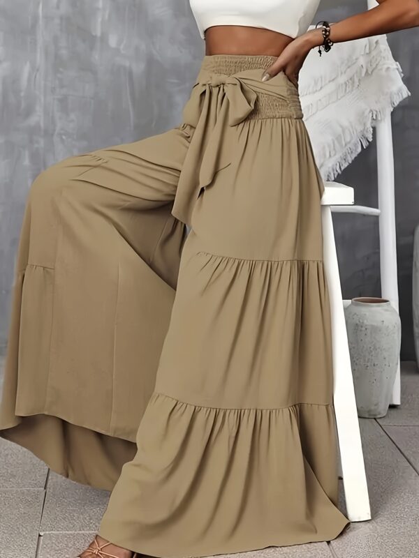 Women's Elegant Wide-Leg Pants with Tie Waist - High Rise, Flowing Design, Solid Beige Color, Polyester Fabric, Machine Washable, All-Season Comfort - Image 4