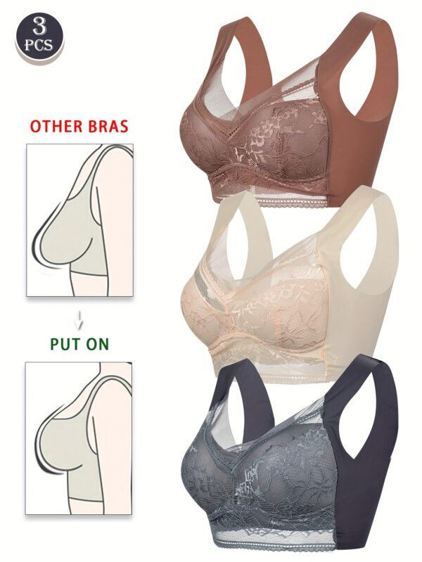 3pcs Women'S V-Neck Lace Bras - Solid Color, Breathable Mesh, Full Coverage, Elegant High Elasticity, Wireless with Floral Lace Detail, Perfect for Yoga & Sports - Image 6