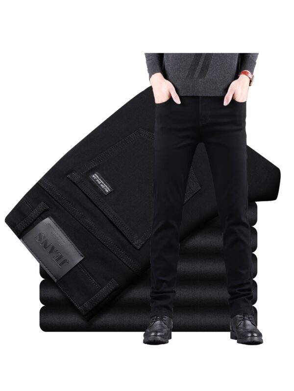 1pc Men'S Basic Black Jeans, Cotton Blend, 65% Cotton 35% Polyester, Slight Stretch, Solid Color, Regular Fit, All-Season, Woven Fabric, Raw Wash Detail, Regular Length - Ideal for Adults