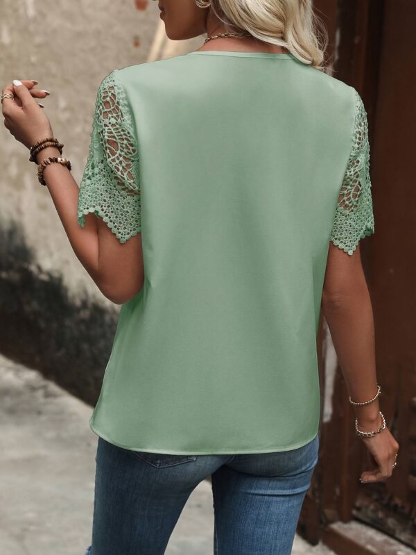 Chic Red Lace-Trimmed Asymmetrical Neck Blouse for Women - Short Sleeve, Solid Color, Perfect for Spring/Summer Fashion - Image 10