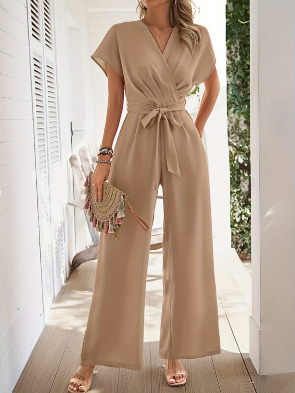 Surplice Neck Short Sleeve Jumpsuit, Elegant Solid Tie Waist Wide Leg Jumpsuit For Spring & Summer, Women's Clothing - Image 2
