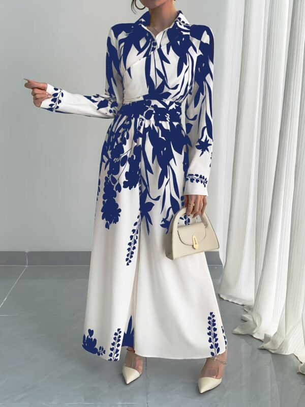 Women's leaf print shirt collar jumpsuit, long sleeve tie waist jumpsuit - Image 9