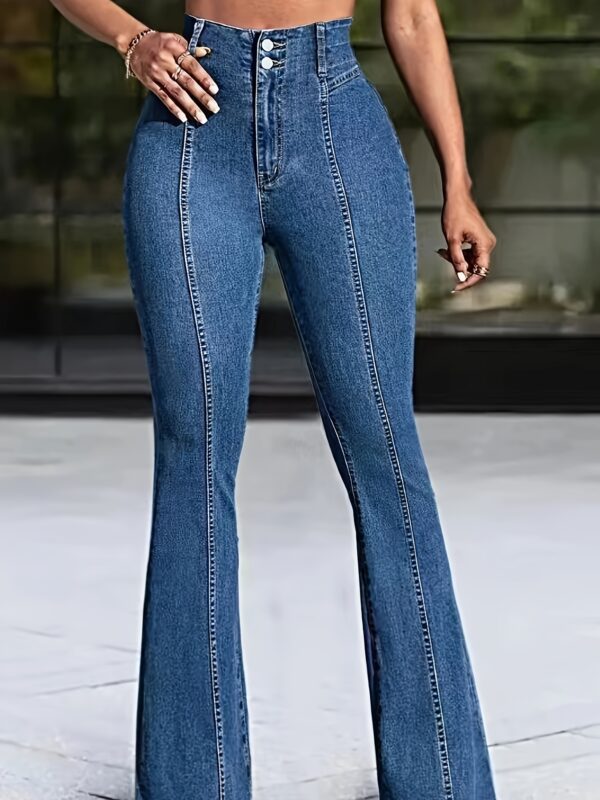 1pc Women'S High Waist Stretchy Solid Color Denim Flare Jeans, Casual Style with Pockets, All-Season Long Length Woven Pants - Image 3