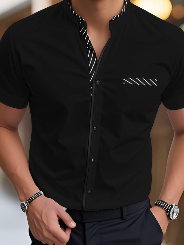 Men's Light Blue Casual Short Sleeve Shirt with Black Contrast Collar & Cuffs - Stand-Up Collar, Machine-Washable Fabric, Regular Fit for Summer, Office, Commute & Streetwear, Classic Buttonup Design, Nontransparent Material - Image 3