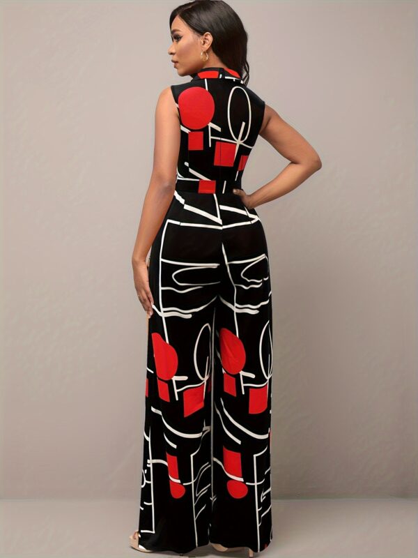 Women'S Elegant Orange & Black Geometric Print Jumpsuit with Belt - Stylish Wide-Leg Pants, High Neck, Long Sleeve, Perfect for Parties & Formal Events, Formal Attire|Geometric Print Jumpsuit|Polyester Fabric - Image 5