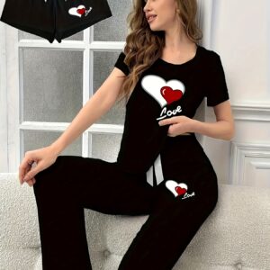 3pcs Women's Spring and Summer Pajama Set - Simple Heart Print Round Neck Short Sleeve Top with Bow Elastic Waist Shorts & Long Pants, Comfortable Casual Home Wear Outfit