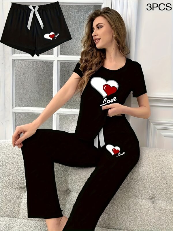 3pcs Women's Spring and Summer Pajama Set - Simple Heart Print Round Neck Short Sleeve Top with Bow Elastic Waist Shorts & Long Pants, Comfortable Casual Home Wear Outfit