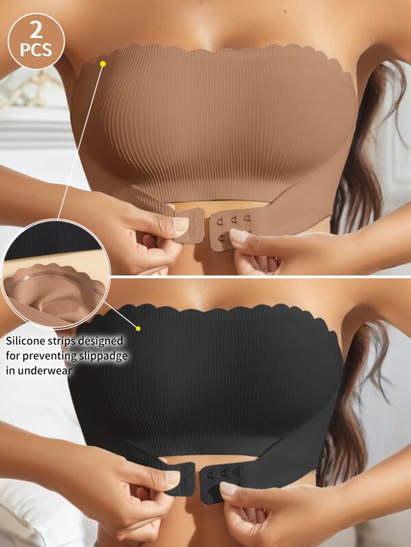 2pcs European Style Minimalist Wavy Edge Cutout Front Buckle Sexy Comfort Soft Cup Camisole with Pads Non-Slip Strapless Women's Bra - Image 2