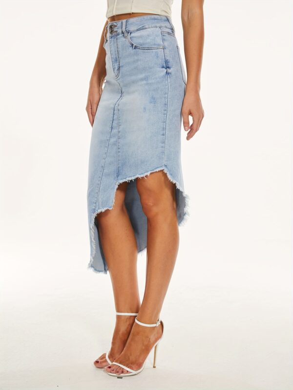 Women's Stretch Denim Midi Skirt with Asymmetrical Hem - Mid-Rise, Frayed Edges, Light Wash, Blend, Spring/Summer Casual Style - Image 2