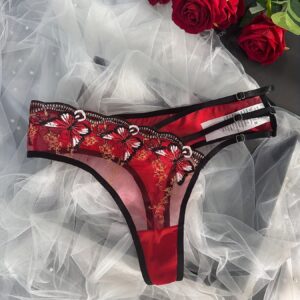 Butterfly Embroidery Lace Asymmetrical Panties for Women, Polyester and Elastane Blend, Sexy Low-Rise Briefs, Light Support Knit Fabric Underwear with Scallop Detail