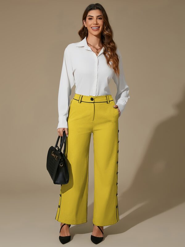 DIQIUVY Women'S Elegant All-Season Solid Color Wide Leg Pants, Polyester 95% Elastane 5% Blend, Regular Fit with Side Slit and Button Detail, Mature Zipper Fly Long Trousers for Office Wear - Image 3