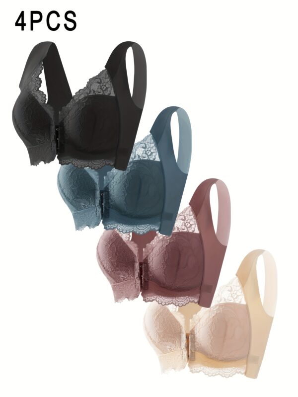 (4pcs Mixed Color Set) Soft And Comfortable Front Buckle Bra, Elegant Lace Wireless Push-Up Bra Women'S Underwear And Bra - Image 6