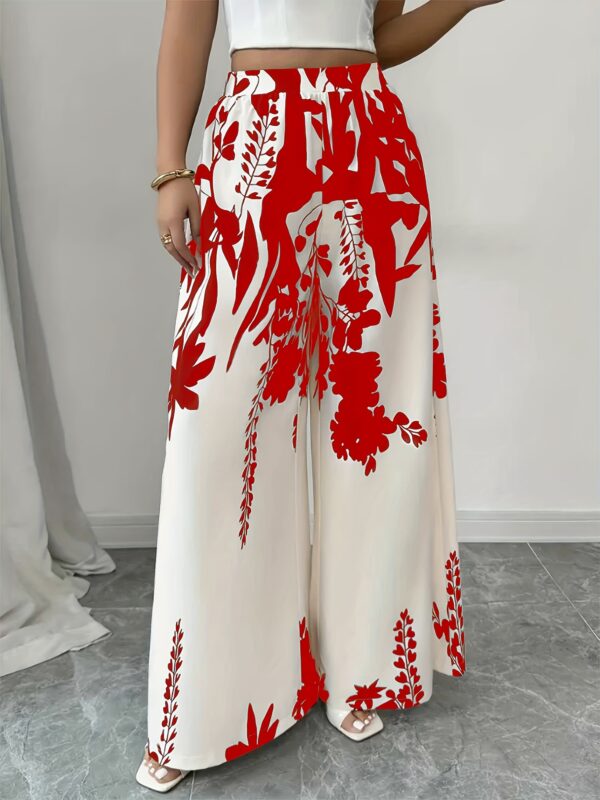 Women's Floral Print Wide-Leg Pants - Elastic Waist 3/4 Length Capri Pants with Pockets, Red & White Botanical Design, Machine Washable for Casual Vacation & Casual Attire, Relaxed Fit Trousers, Pockets Included, Travel Clothing, Stylish Trousers, Breathable Material, Printed Trousers, Adult Clothing - Image 13