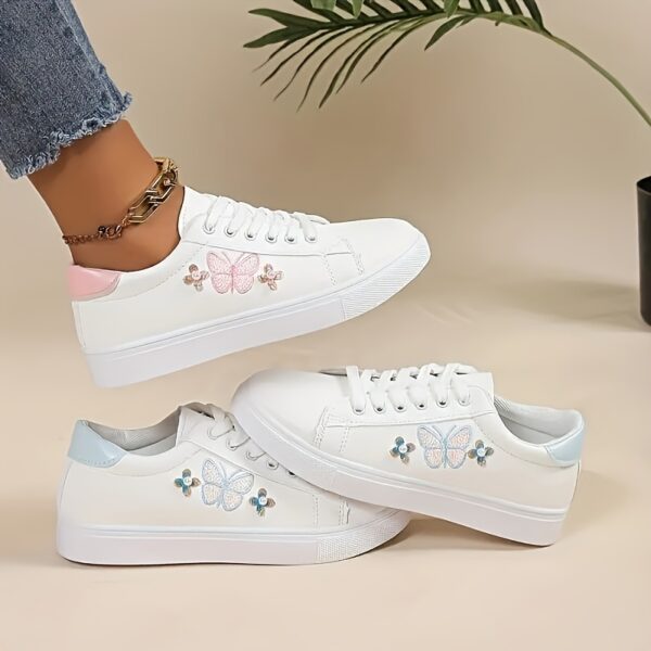 Ladies Butterfly Casual Sports Shoes, White Low-Top Lace-Up, Colorful Butterfly Pattern, Round Toe, Synthetic Upper, Plastic Sole, Non-Woven Fabric Insole and Inner Material, with Hand Wash or Professional Dry Clean Operation Instruction, for All-Season, Casual Wear