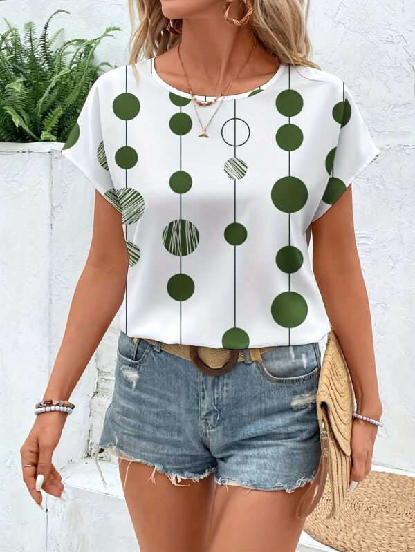 Women's Casual Elegant Geometric Circle Print Round Neck Blouse - Maroon with White Circles, Lightweight Summer Shirt, Machine Washable Non-See-Through Top for Casual & Formal Outfits, Casual Attire, Relaxed Fit Shirt, Nontransparent Fabric, Comfortable Wear - Image 2