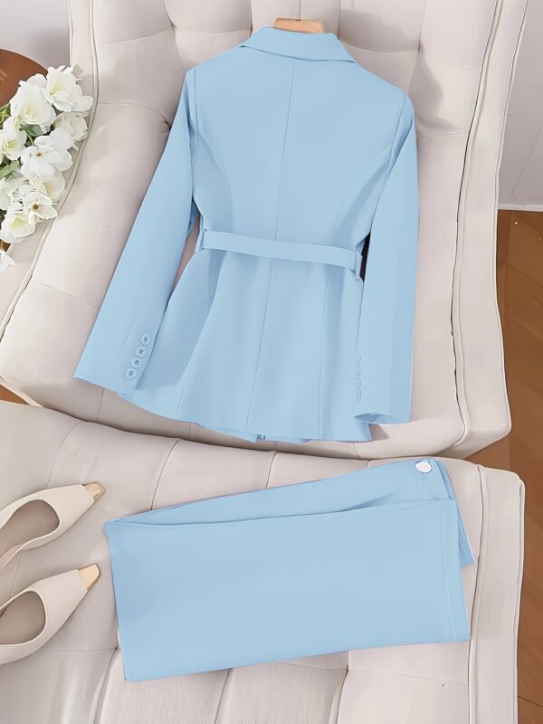 Elegant Solid Color Urban Commuting Suit for Women with Belt and Pants, Perfect for Spring/Summer, Includes Shoes and Clutch, Office Ready Attire|Sophisticated Style|Pocketed Pants - Image 10