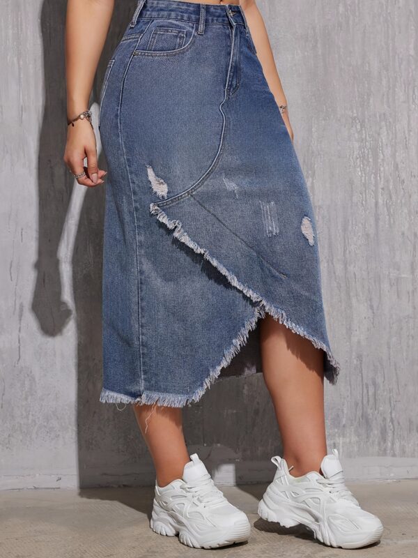 Asymmetrical Long Denim Skirt for Women with Distressed Holes And Frayed Edges, Featuring a Vintage Wash. - Image 5