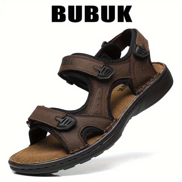 Men's Summer Sandals with Thick Sole, Breathable Head Layer Cowhide, Hook & Loop Closure, Lightweight Fabric Liner, PU Sole & Insole, Solid Color Casual Beach Shoes for Outdoor Activities