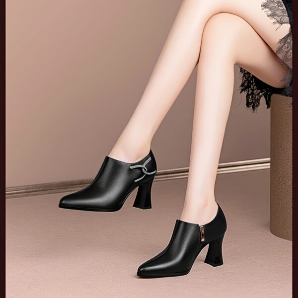 Women's Chunky Heel Pointed Toe Pumps - Synthetic Cover Black High Heels with Side Zipper, Comfortable Block Heel & Fabric Lined for All-Season Wear, Versatile for Casual & Formal Occasions, Formal Footwear, Sophisticated Style, Durable Rubber Sole