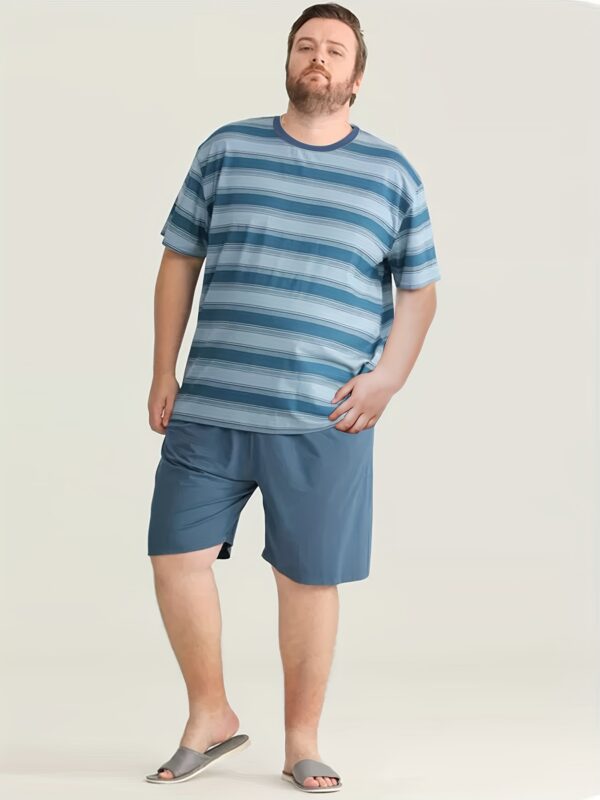 Men'S Plus Size Blue & White Striped T-Shirt and Solid Shorts Pajama Set - Casual Crew Neck, Loose Fit, Summer Loungewear, Relaxed Fit Pajamas | Striped Pattern | Polyester Fabric, PLUS SIZ - Image 4