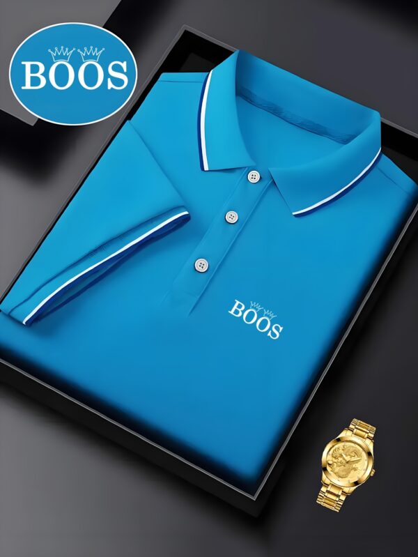 BOOS Men's Classic Shirt - Breathable Summer Short Sleeve, Navy Blue with Red & White Striped Collar, Casual Business & Tennis Training, High-End Polyester Fabric, Button-Up Design - Image 3