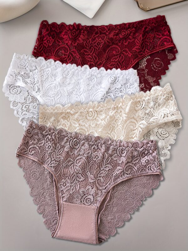 4pcs Women'S Sexy Jacquard Lace Panties - Breathable & Comfortable Mid-Rise Briefs with Floral Pattern, Lace Trim, And Zipper Detail (Pink, Blue, White, Black), Comfortable Underwear | Floral Jacquard Design | Delicate Lace Fabri - Image 6