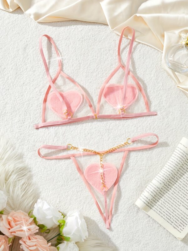 Mesh Heart Pattern Spaghetti Straps Lingerie Set, Intimates Bra & Thong, Women's Sexy Lingerie & Underwear - Image 9